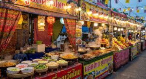 Bunter Streetfood-Markt in Thailand ohne Menschen