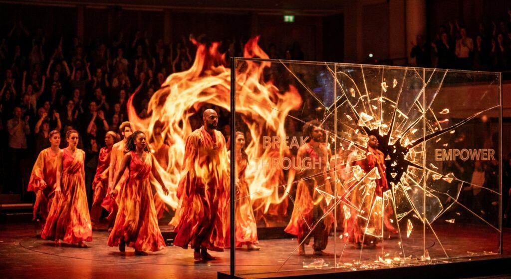 Symbolbild einer feurigen Bühne als Zeichen für Empowerment und Inspiration