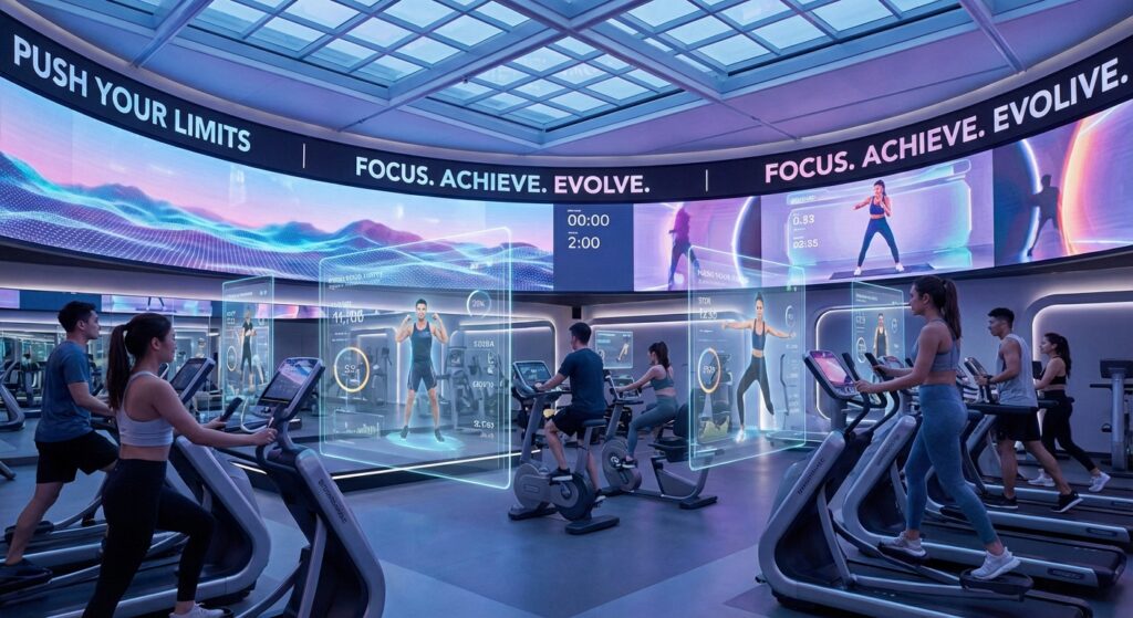 Futuristisches Fitnessstudio mit KI-Unterstützung und motivierenden Hologrammen
