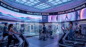 Futuristisches Fitnessstudio mit KI-Unterstützung und motivierenden Hologrammen