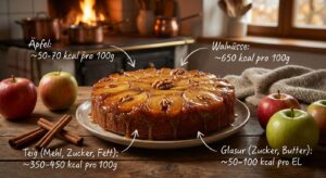 Gestürzter Apfel-Walnusskuchen auf Holztisch mit Zimt und Äpfeln