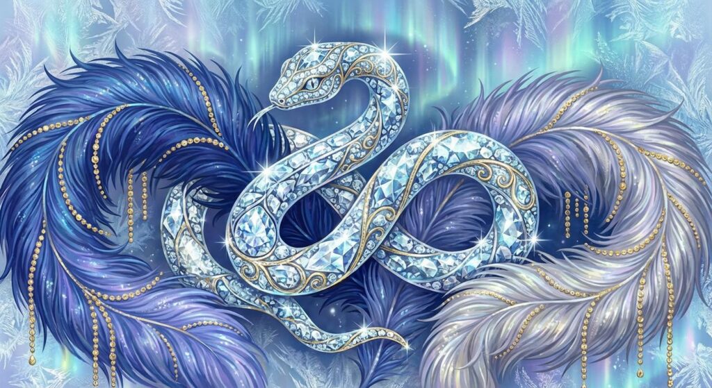 Symbolisches Motiv einer glitzernden Diamantenschlange mit Federboa, Glanz und Glamour ohne Personen