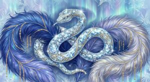 Symbolisches Motiv einer glitzernden Diamantenschlange mit Federboa, Glanz und Glamour ohne Personen