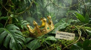 Goldene Plastikkrone liegt auf grünem dschungelartigen Hintergrund – symbolisch für Dschungelkönig Gil Ofarim