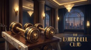 Stilisierte Illustration von Hanteln in einem luxuriösen Fitnessstudio mit Beleuchtung