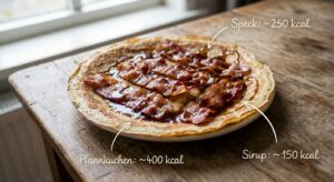 Holländischer Speckpfannkuchen mit Sirup auf Holztisch