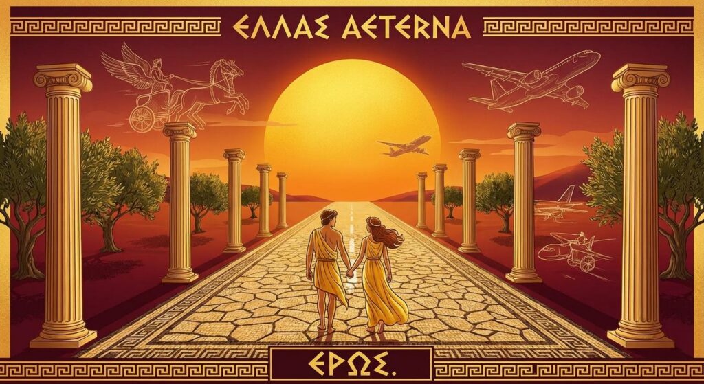 Symbolisches Bild einer griechischen Landebahn bei Sonnenuntergang mit stilisierten Figuren