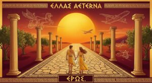 Symbolisches Bild einer griechischen Landebahn bei Sonnenuntergang mit stilisierten Figuren