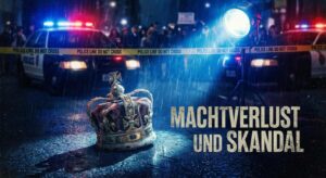 Symbolbild einer Krone im Polizeilicht als Zeichen für Machtverlust und Skandal