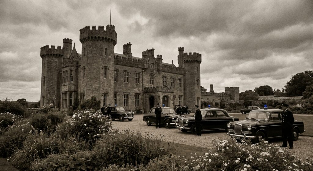 Ein britisches Schloss mit Polizeiautos, symbolisierend Royals und Polizei