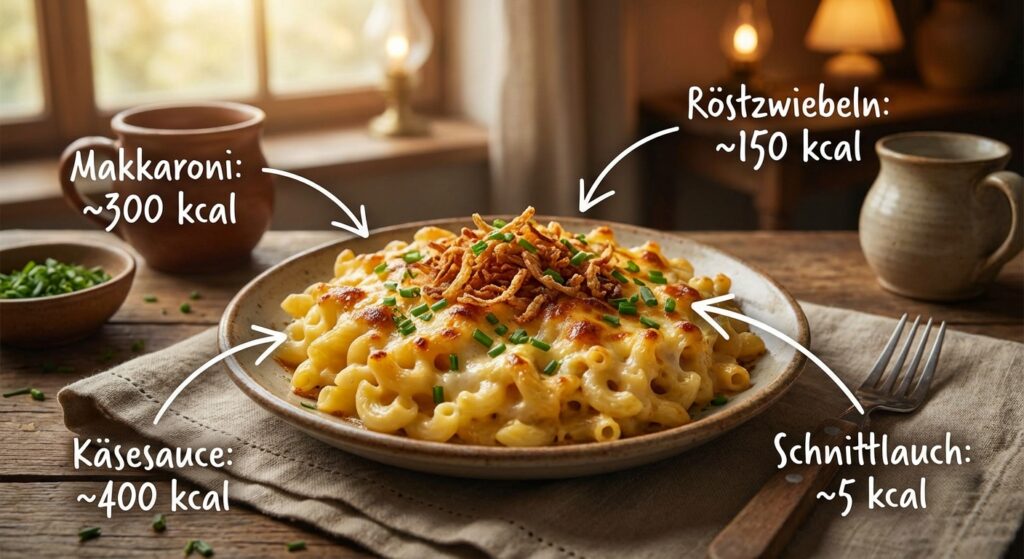 Mac and Cheese Auflauf mit Röstzwiebeln und frischem Schnittlauch, angerichtet in rustikaler Küche