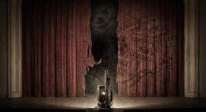 Symbolbild Roter Vorhang mit Filmrollen und Protestzeichnung – Berlinale Kontroverse SEO