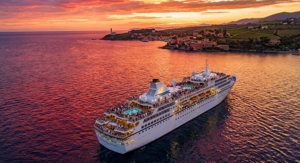 Luxuskreuzfahrt im Mittelmeer bei Sonnenuntergang