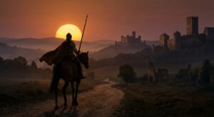 Ritter auf einem Pferd in mittelalterlicher Landschaft bei Sonnenuntergang