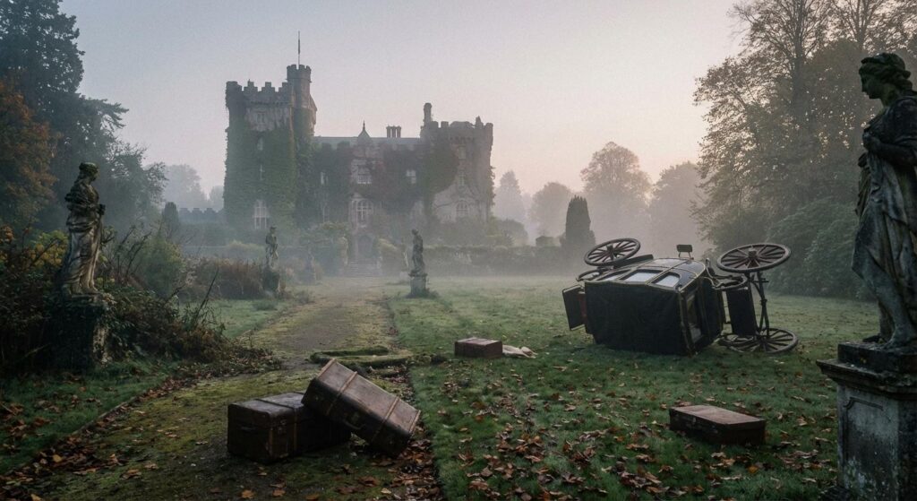 Symbolischer Garten eines Schlosses im Nebel, ohne Personen, vermittelt Auszug und Distanz