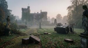 Symbolischer Garten eines Schlosses im Nebel, ohne Personen, vermittelt Auszug und Distanz
