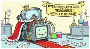 Symbolische Schutzbrille im Laborumfeld, Wissenschaft und royale Neugier vereint