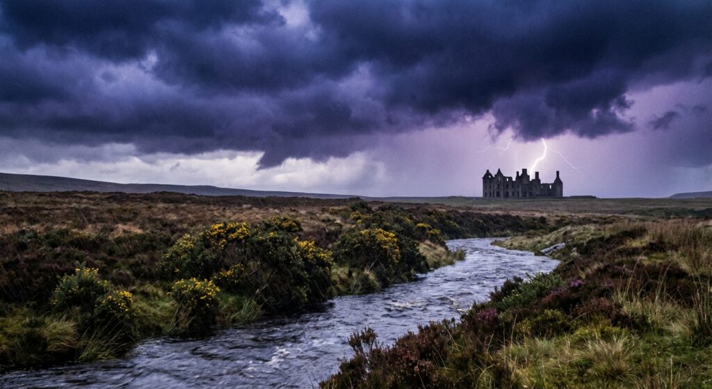 Eine stürmische Moorlandschaft mit dunklen Wolken und einem alten Herrenhaus im Hintergrund