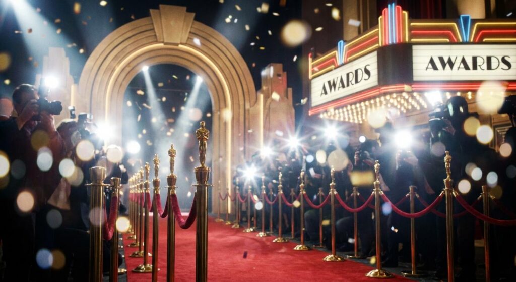 Glamouröser roter Teppich mit Blitzlichtern und goldenen Statuetten – symbolisch für eine Promi-Auszeichnung