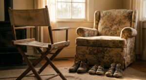 Leeres Regiepult vor Familienschuhen – Symbol für Abschied und Hinterlassenschaft