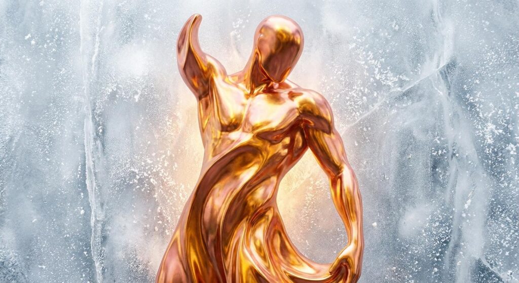 Abstrakte Darstellung einer kraftvollen femininen Silhouette mit Eisstruktur im Hintergrund, Gold- und Rosatöne