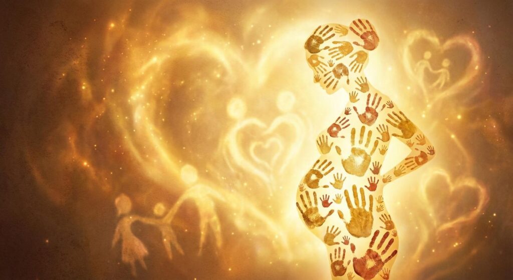 Symbolischer Babybauch mit Handabdrücken – Familiäre Harmonie im goldenen Licht
