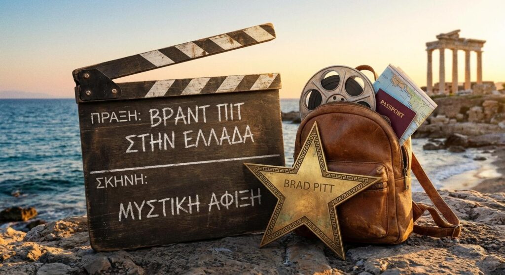 Symbolbild: Filmklappe, Rucksack und Stern – Brad Pitt heimlich in Griechenland angekommen