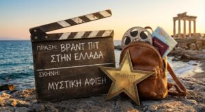 Symbolbild: Filmklappe, Rucksack und Stern – Brad Pitt heimlich in Griechenland angekommen