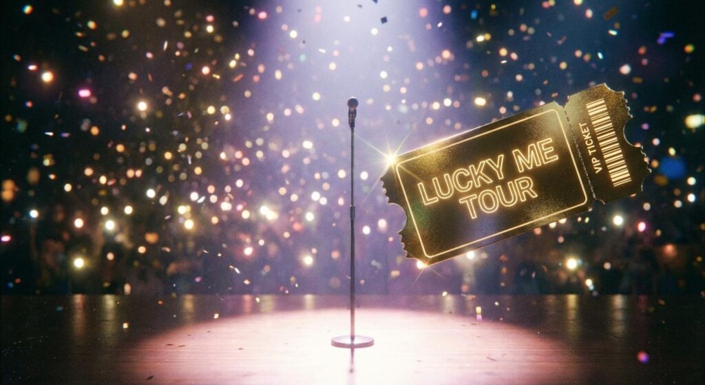 Symbolische Bühne mit VIP-Ticket ‚Lucky Me Tour‘ in funkelndem Licht