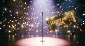 Symbolische Bühne mit VIP-Ticket ‚Lucky Me Tour‘ in funkelndem Licht
