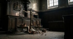 Düstere Waage und gebrochene Kronen im Gerichtssaal