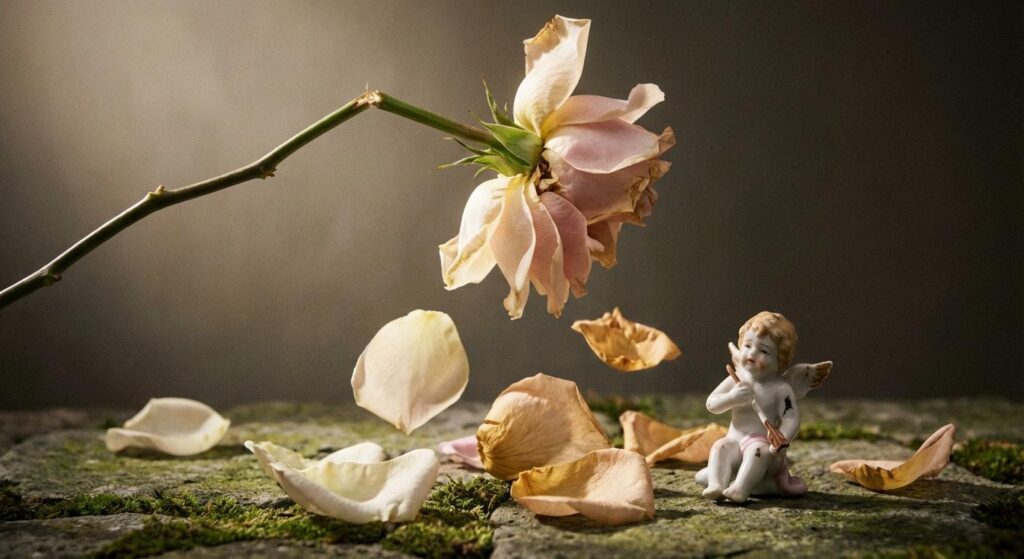 Gebrochene Rose liegt auf Boden, symbolisch für Trennung