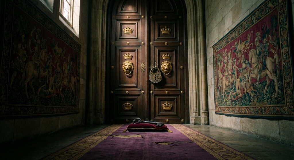 Symbolbild geschlossene Tür vor royalem Ambiente, symbolisiert royalen Rückzug