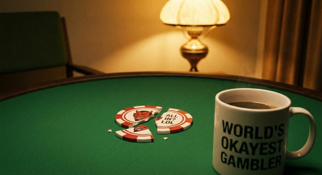Zerbrochener Poker‑Chip neben Kaffeetasse – symbolisiert Rückfall und Neuanfang