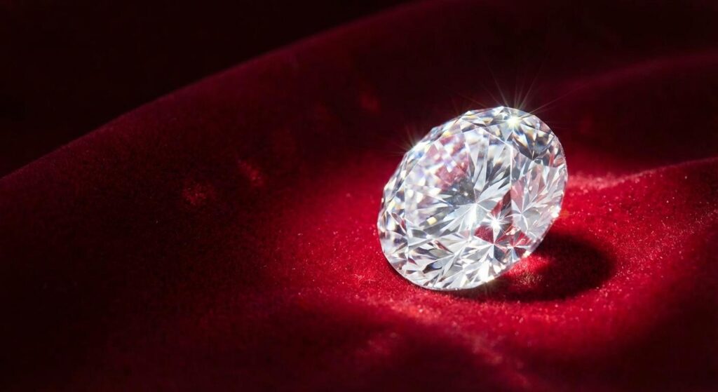 Ein einzelner Diamant auf rotem Samt symbolisiert Solo-Glanz und glamourösen Auftritt