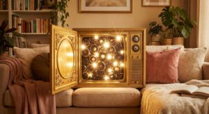 Geöffnete goldene Fernsehtür und Kameraobjektive im Wohnzimmersymbol