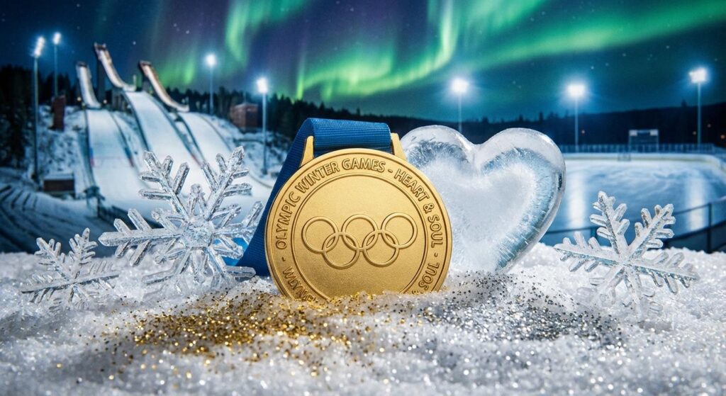 Symbolbild für Winterolympia-Stimmung mit Glitzer, Goldmedaille und Herzmotiv