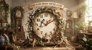 Eine Uhr mit verspielten Elementen, umgeben von Katzen, als Symbol für verlorene Zeit