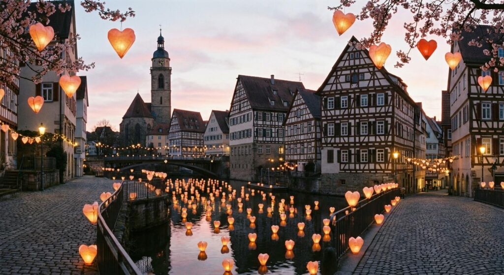 Romantische Stimmung in Tübingen am Valentinstag – symbolische Herzen und Laternen über Fachwerkhäusern