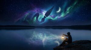 Sternenübersäter Nachthimmel, der sich magisch im Wasser spiegelt