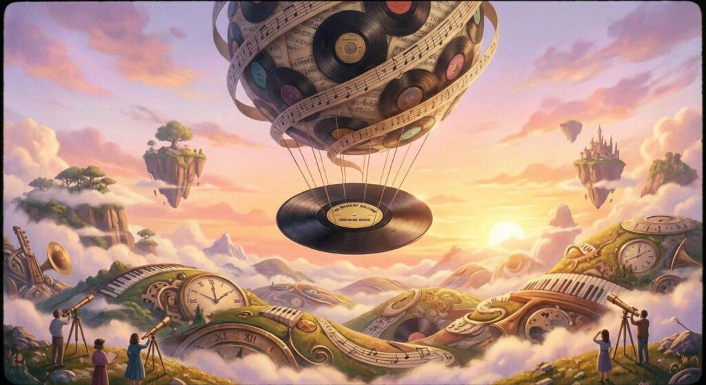 Symbolischer Vinyl‑Heißluftballon über verträumter Landschaft – Musik und Erinnerung