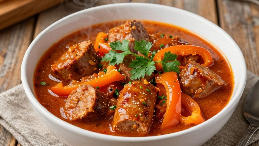 Ungarisches Wurstgulasch in einer Schüssel mit Paprika und Wurst.