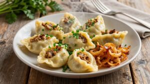Schwäbische Maultaschen auf einem Teller mit Kräutern und Zwiebeln.