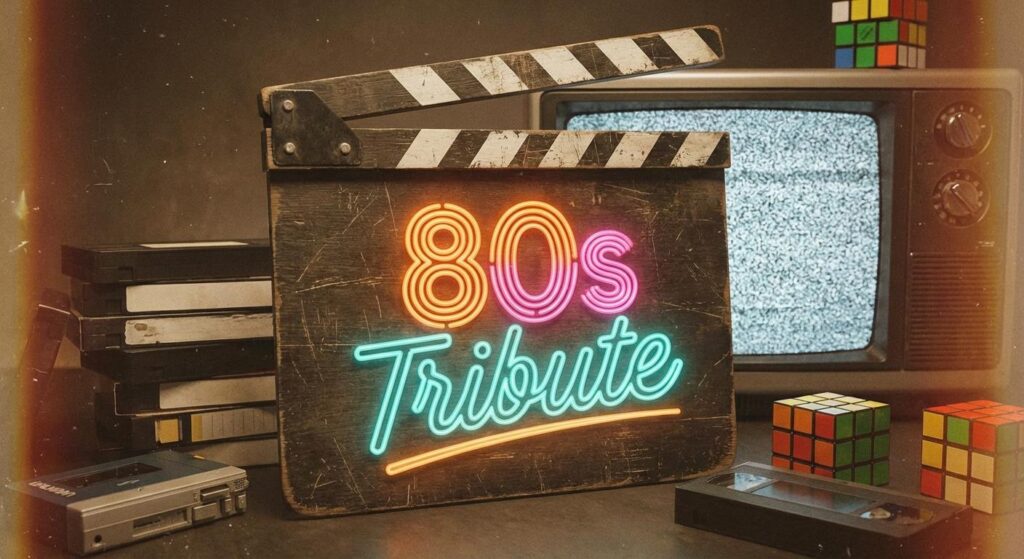 Retro Filmklappe im 80er-Jahre-Stil mit Tribute-Schriftzug