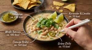 Cremige Schüssel White Chicken Chili mit Limettenscheiben und Koriander