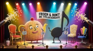 symbolische Darstellung einer schrillen Jury-Bühne mit Mikrofonen, Popcorn und Tanznoten