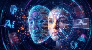 Symbolbild einer digitalen Maske, die sich von einem Gesicht löst, symbolisiert KI-Romance-Betrug