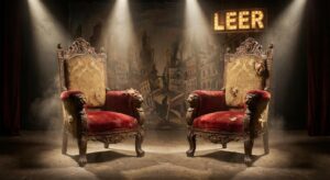 zwei leere Chefsessel auf Bühnenbrettern, rot-gold, dramatisch beleuchtet