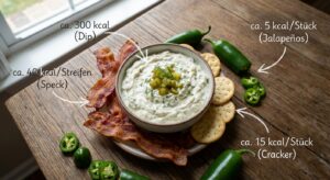 Ein cremiger Pickle Dip mit Bacon und Jalapeños in einer stilvollen Schüssel