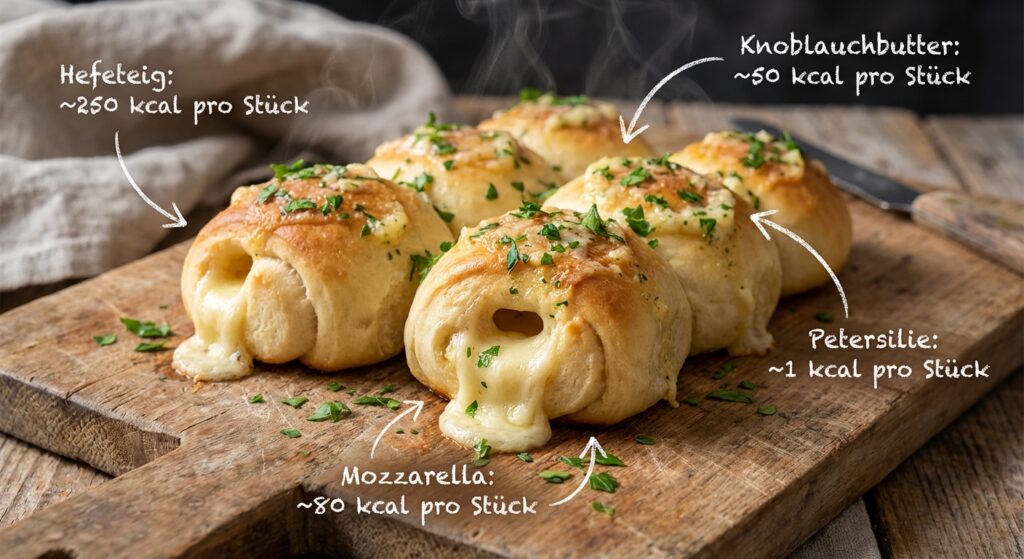 Goldbraune Knoblauch-Käse-Schnecken, frisch gebacken, mit geschmolzenem Mozzarella und Petersilie